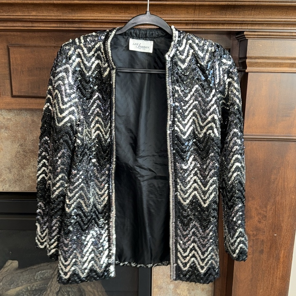 Vintage Lee Jordan New York black silver chevron sequin formal blazer jacket S